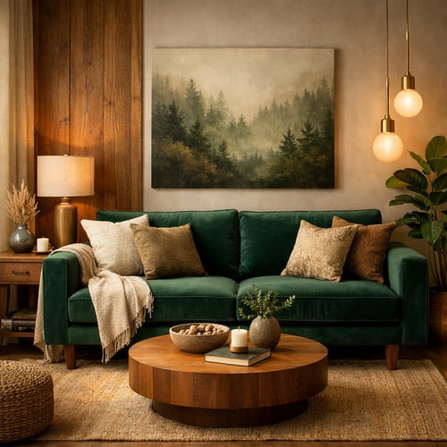 Deep green velvet sofa in a cosy living room with woodland wall art and warm lighting – a bold yet calming pick from sofa colour trends 2026.