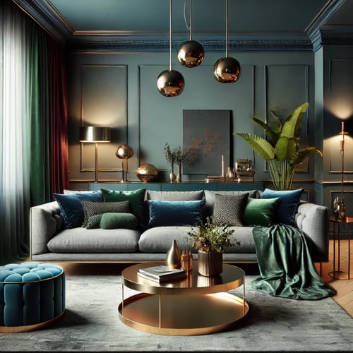 A stylish living room showcasing what colours go with a grey sofa, featuring deep blue, forest green, and rich burgundy accents. A grey sofa is complemented by bold cushions, metallic brass and gold décor, and moody wall colours, creating a sophisticated and luxurious atmosphere.