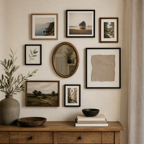 Gallery wall above wooden dresser with framed art and mirror – simple bedroom decorating ideas on a budget using affordable decor pieces.