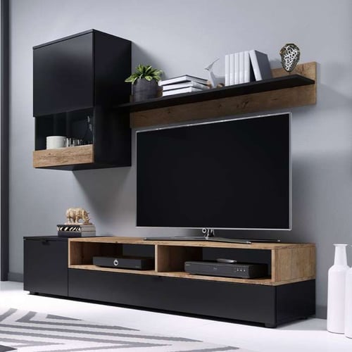 Wall Unit PAMLA Black / Oak Lefkas with LED Dako Furniture