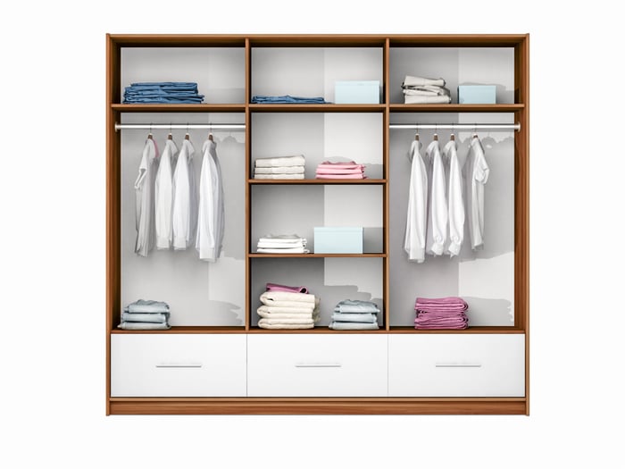 Wardrobe AMSTERDAM 255 Walnut / White Gloss + Mirror open showing the interior