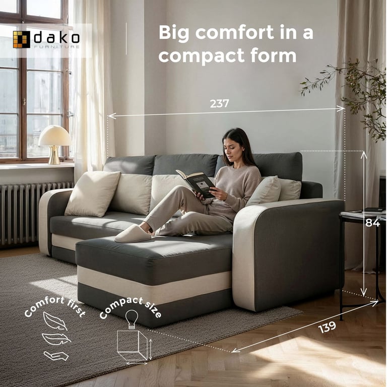 Compact grey and beige corner sofa with chaise lounge, shown in a modern living room, highlighting space-saving design and comfort.