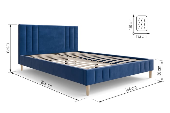 The dimensions of the Jaxon bed in navy blue.