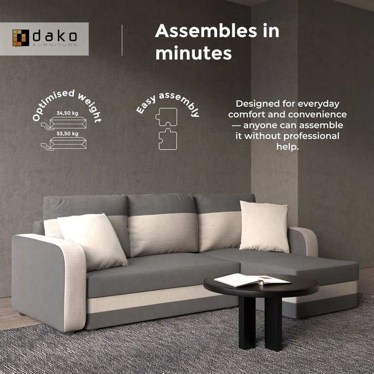 Grey and beige corner sofa designed for easy assembly, lightweight construction, and everyday comfort in small living spaces.