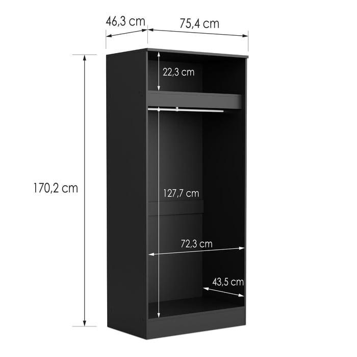 Wardrobe ESSENTIAL 2DR - Black showing the interior with dimensions
