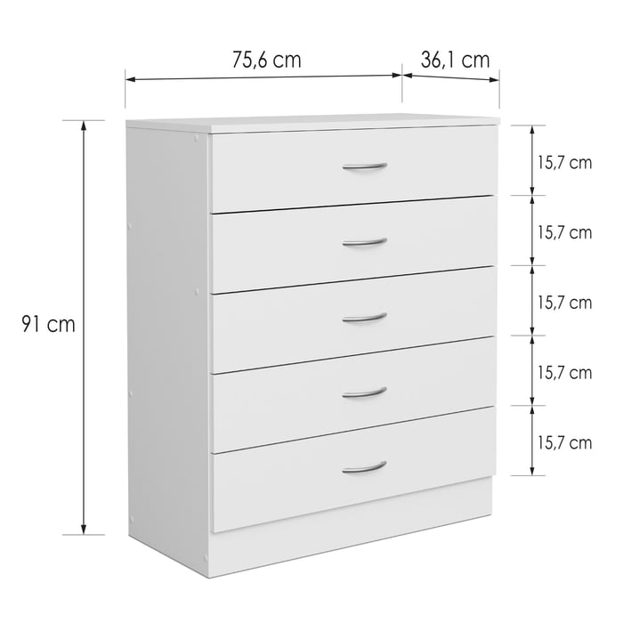 The dimensions of the chest of 5 drawers ESSENTIAL in white.