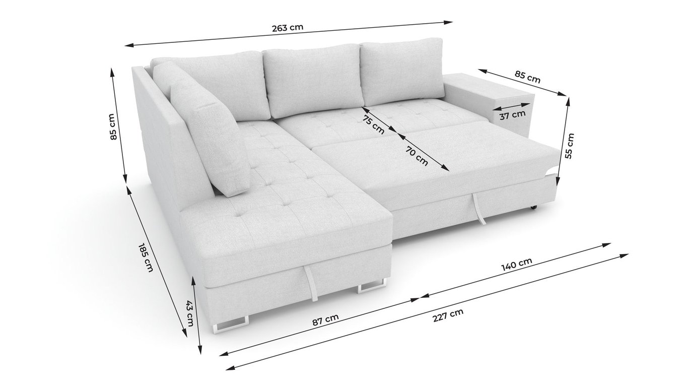DAKO Corner Sofa Bed MARTHA Left Modern L-Shaped with Storage & Armrest 