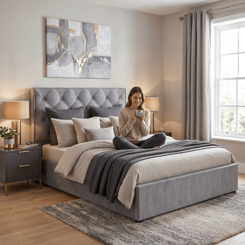 Upholstered Ottoman Bed ETHAN Double Size - Grey_3