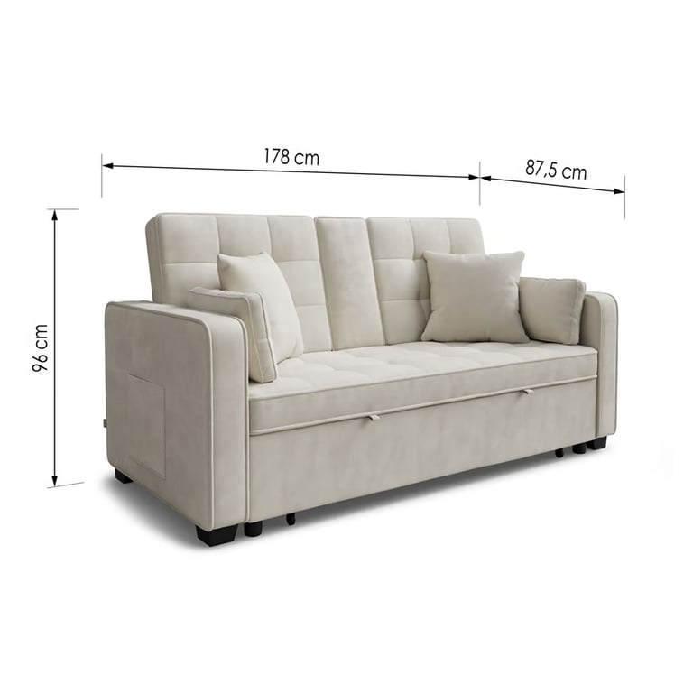 Sofa Bed KINSLEY - Cream with dimensions
