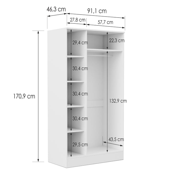 Wardrobe ESSENTIAL 3DR - White open showing the interior with dimensions