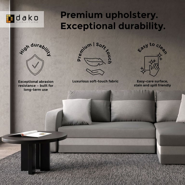 Close-up view of a grey and graphite upholstered corner sofa, showcasing premium fabric, high durability, and easy-to-clean surface.