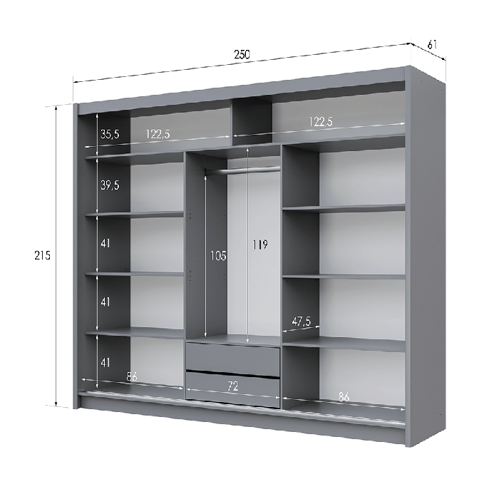 DAKO Mirror Sliding Door Wardrobe PORTO 2 Graphite 2 Sizes - Picture 10 of 27