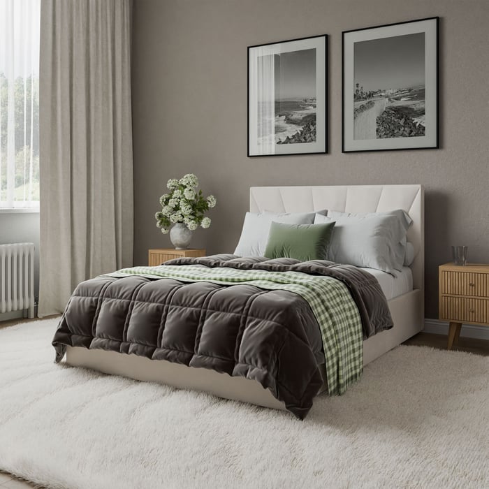 The Dylan bed frame in cream in a cosy bedroom.