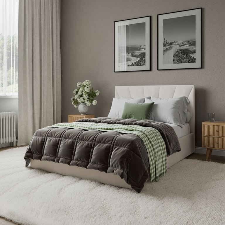 The Dylan bed frame in cream in a cosy bedroom.