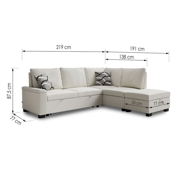 Corner Sofa Bed ABIGAIL - Right - Hand - Cream with dimensions