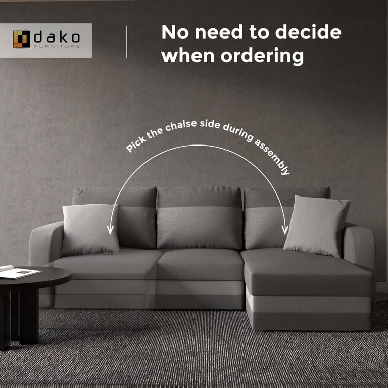 Modern grey and graphite corner sofa with reversible chaise lounge, allowing left or right configuration during assembly.