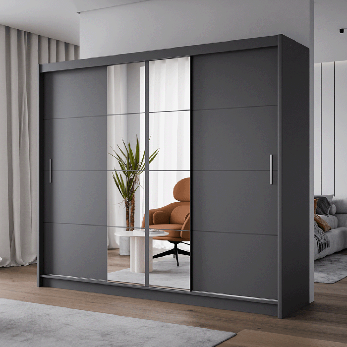 DAKO Mirror Sliding Door Wardrobe PORTO 2 Graphite 2 Sizes - Picture 8 of 27