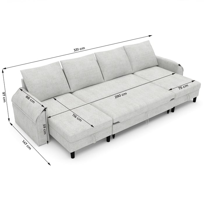 U-Shaped Corner Sofa Bed AALIJA with dimensions