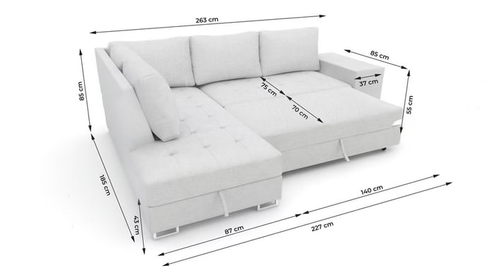 Corner sofa bed Martha left in cream with dimensions.