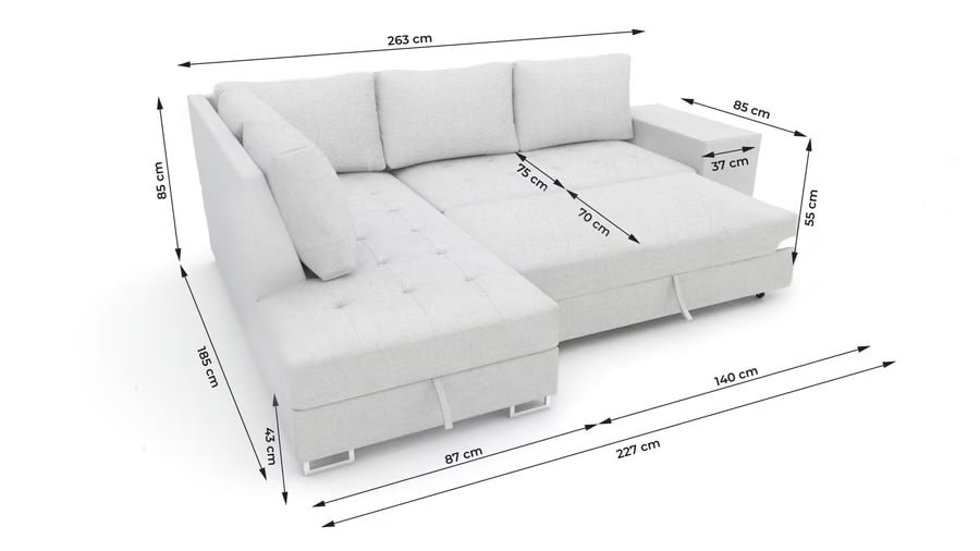 Corner sofa bed Martha left in cream with dimensions.