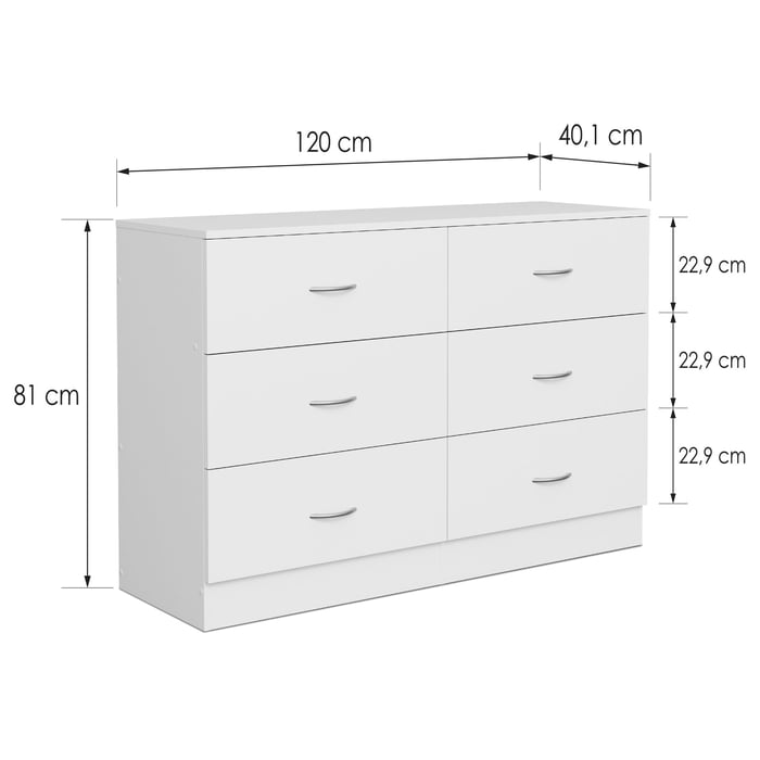 The dimensions of the ESSENTIAL chest of drawers in white.